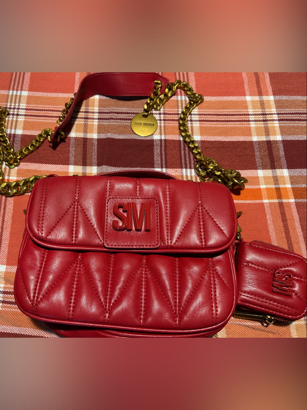 Steve Madden Red Quilted Crossbody Bag with Gold Chain Strap